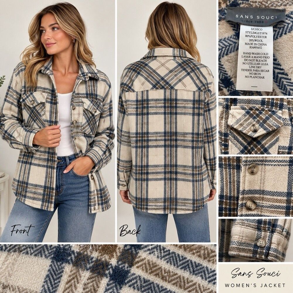 Sans Souci Women S Beige Blue Brown Plaid Flannel Shacket Button Front Pockets